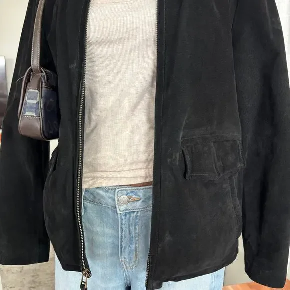 Vintage 90s Distressed Black Suede Leather Bomber Jacket Quilted Lining No Size - Picture 3 of 16